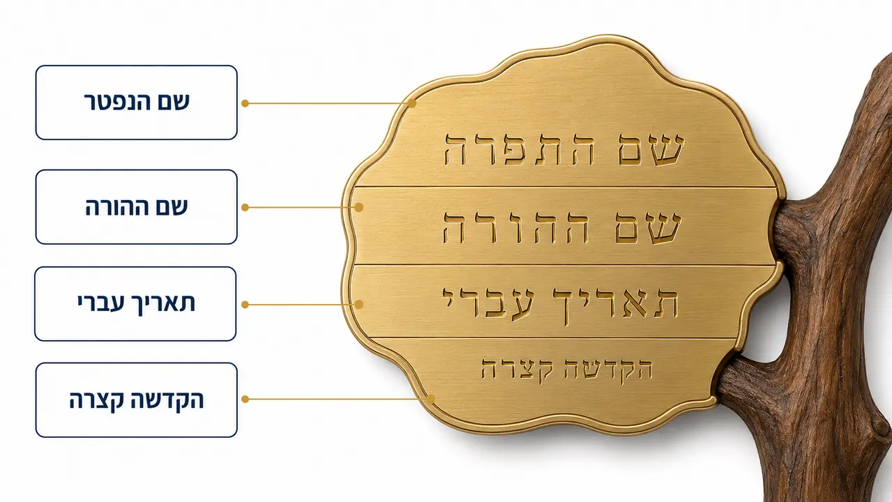 נוסח כתיבה על לוח זיכרון בצורת עץ, תאריכים והוספות