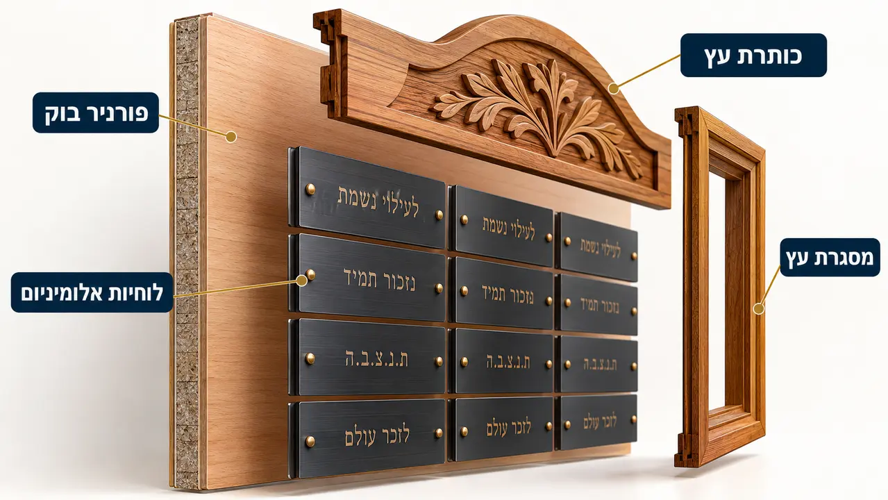 שילוב עץ ומתכת בלוח הנצחה לבית כנסת